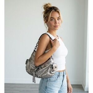 Coach Bag Kristin Metallic Python Hobo Silver Y2K Shoulder Snakeskin Chain Purse